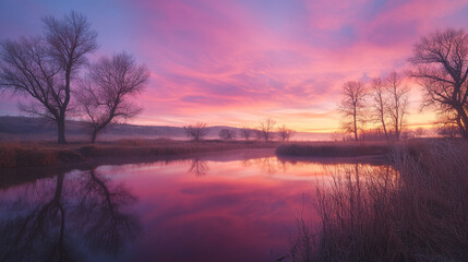 Obraz premium Serene Pink Sunrise River Landscape Peaceful Trees Reflection sky fog art calm dawn mist view water 