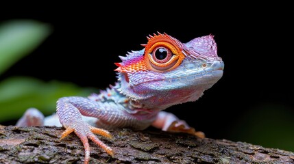 Fototapeta premium Vibrant lizard on branch, rainforest background, wildlife photography, nature documentary