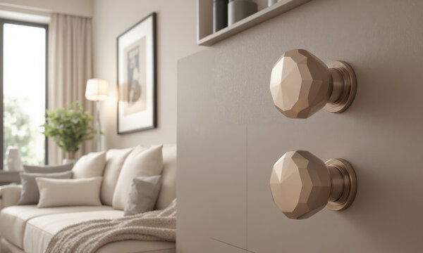 Modern mocha mousse drawer knobs with faceted geometric designs and soft matte textures mounted on taupe storage cabinets. The scene