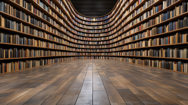dimly lit library filled with ancient books on wooden shelves