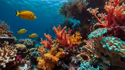 a vibrant coral reef teeming with life, showcasing a diverse array of corals and tropical fish. This underwater paradise is a kaleidoscope of color and texture.