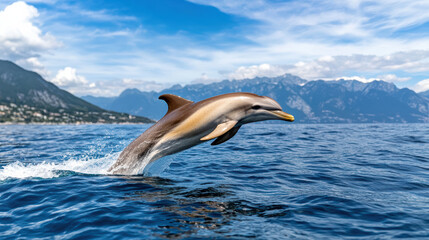 Fototapeta premium Dolphin breaching ocean surface, showcasing its agility and grace
