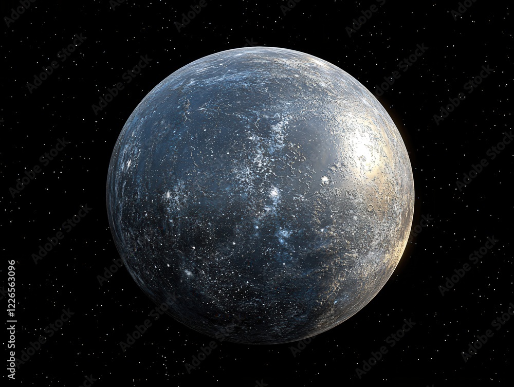 Poster distant planet with textured surface and bright celestial light in deep space with stars