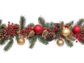 Christmas Garland Red and Gold Ornaments, Pine Cones, Berries, Horizontal Composition, Festive Decor, Holiday Background, Winter Christmas