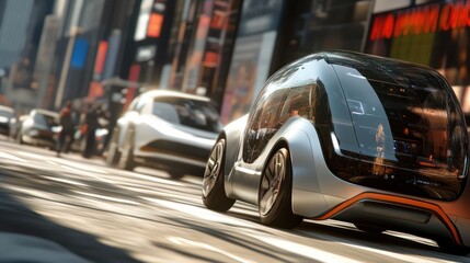 Fototapeta premium Driverless electric vehicles with futuristic designs, seamlessly cruising through urban traffic