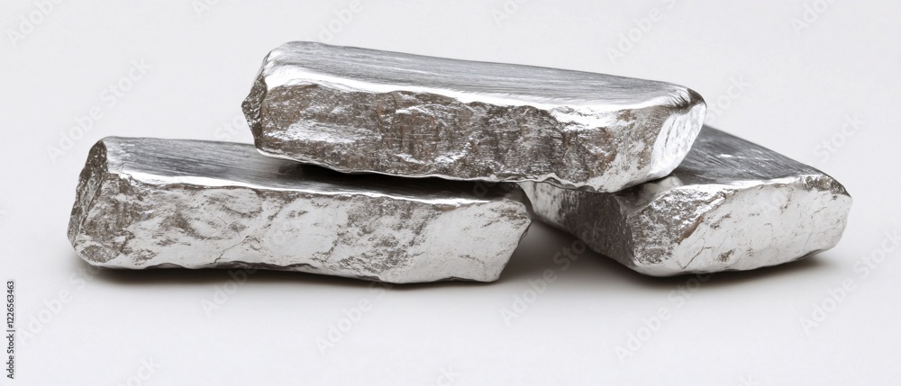 Poster three silver bars stacked on white backdrop showing metallic texture and rough edges in studio