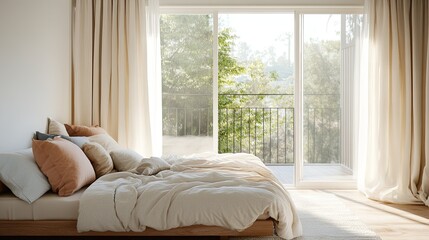 A light-filled modern loft bedroom with floor-to-ceiling sliding glass doors opening to a balcony