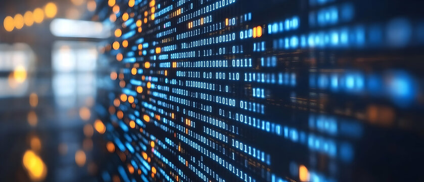 Digital code wall, city backdrop