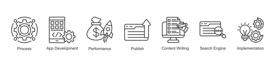 Obraz premium Content Strategy Icon Publish, Process, App Development, Performance, Content Writing, Search Engine, Implementation