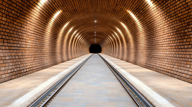 Fototapeta forgotten underground tunnel with brick walls and railway tracks