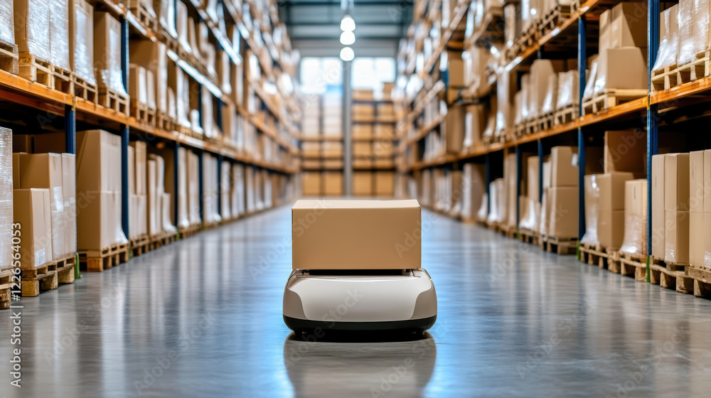 Poster automated delivery robot transporting package in modern warehouse