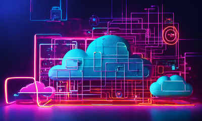 cloud computing in a neon vibe lights, Created using Generative Ai