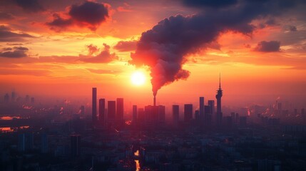Sunset smog over city skyline; industrial pollution
