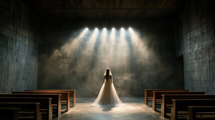 ghostly bride stands in darkened chapel, illuminated by soft beams of light
