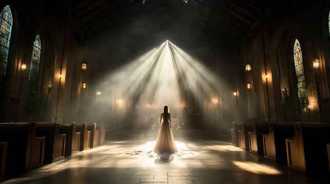 ghostly bride stands in darkened chapel, illuminated by beams of light