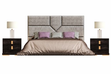 double bed isolated on white background, furniture for the bedroom interior, 3D illustration, cg render