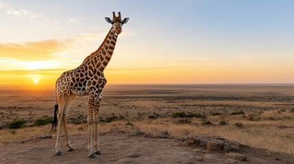 Obraz premium giraffe standing on hilltop overlooking vast savanna at sunset