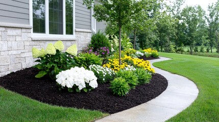 Obraz premium Landscaped walkway garden near house, green lawn background. Home landscaping