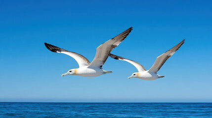 Obraz premium Flying albatrosses glide gracefully over ocean under clear blue sky