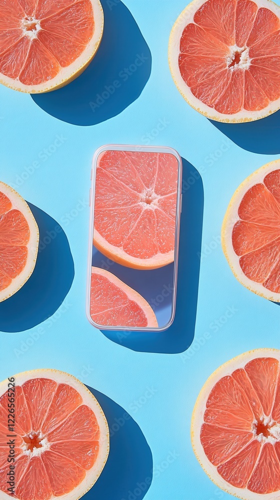 Aufkleber grapefruit slices and phone case on blue background with hard shadows creating a stylish pattern