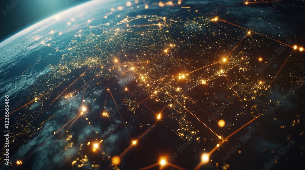 Poster global network connections and data transfer across the earth viewed from space