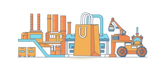 Colorful illustration of an automated factory assembly line producing shopping bags, showcasing manufacturing and industrial process efficiency.