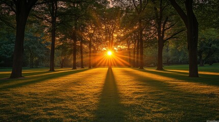 Obraz premium Sunset rays through park trees, grass, calm