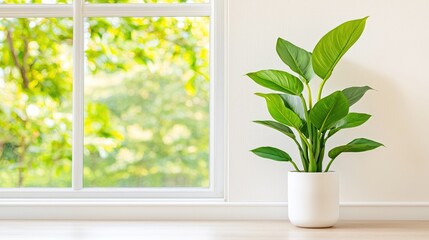 Fototapeta premium Green houseplant in a white ceramic pot stands on a wooden windowsill next to a bright window with garden view.