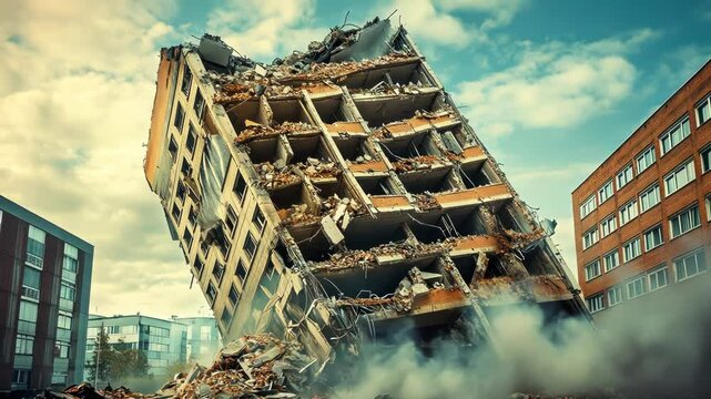 A collapsed building amidst rubble and debris in an urban setting.