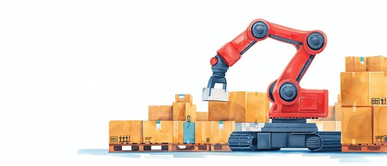 Robotic arm organizing cardboard boxes in a warehouse, representing automation in logistics and modern industry solutions.