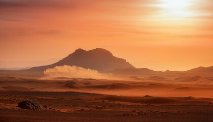 Fototapeta premium martian landscape at sunset massive olympus mons silhouetted against a dusty orange sky swirling dust storm approaching across vast red plainsnature, cliff, rock, belgium, city landscape, landmark, su