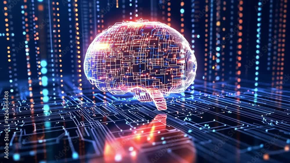 Poster artificial intelligence is processing data in a virtual brain floating above a complex circuit board