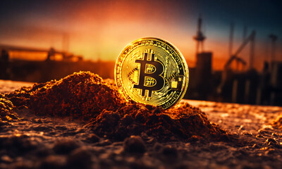 bitcoin is glowing and rising in front of a low exposure, Created using Generative Ai