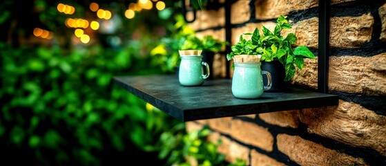 Cozy Cafe Shelf  Drinks  Plants  Brick Wall  Bokeh Lights