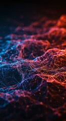 Abstract Network:  Vibrant red and blue lines intertwine in a mesmerizing dance, creating a captivating abstract digital landscape.  This abstract image, composed of lines, dots and a dark background.