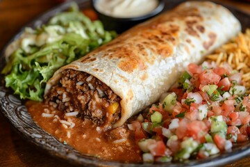 Delicious burrito with beef, rice, and fresh toppings served with lettuce and salsa on a wooden table