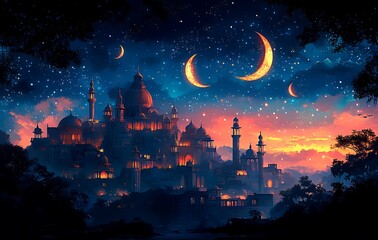 Naklejka premium Enchanted Castle with Towers Under Starry Sky and Crescent Moons