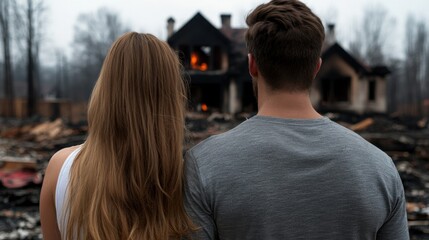 Caucasian young male and female observe burned house after fire tragedy