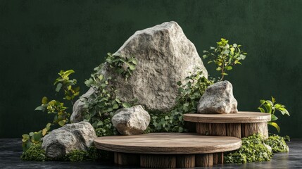 A 3D garden rock-inspired display with textured stone and wooden platforms, styled against a deep green background for a calming, organic feel.