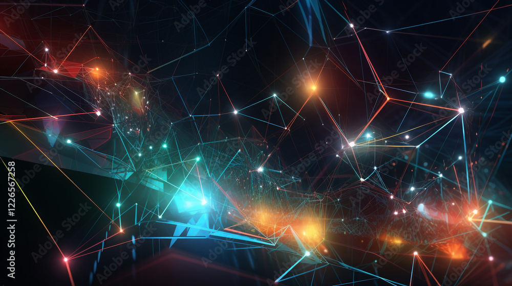 Poster abstract digital network plexus colorful lines background design art red mesh blue teal data glow
