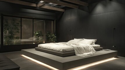 A minimalist loft bedroom with an oversized bed on a cement platform surrounded