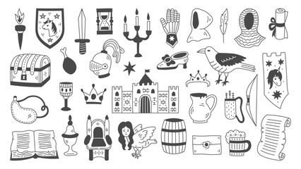 Medieval Design Elements Set. Middle ages and Mediaeval doodles collection. Hand drawn Fantasy Fairy tale castle throne crown knight armor symbols and icons. History items