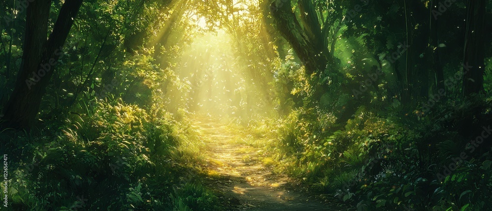 Poster enchanted forest path with sunlight filtering through lush green trees
