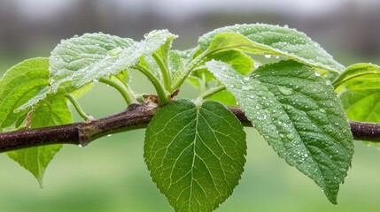 Fresh Green Leaves with Dew Drops