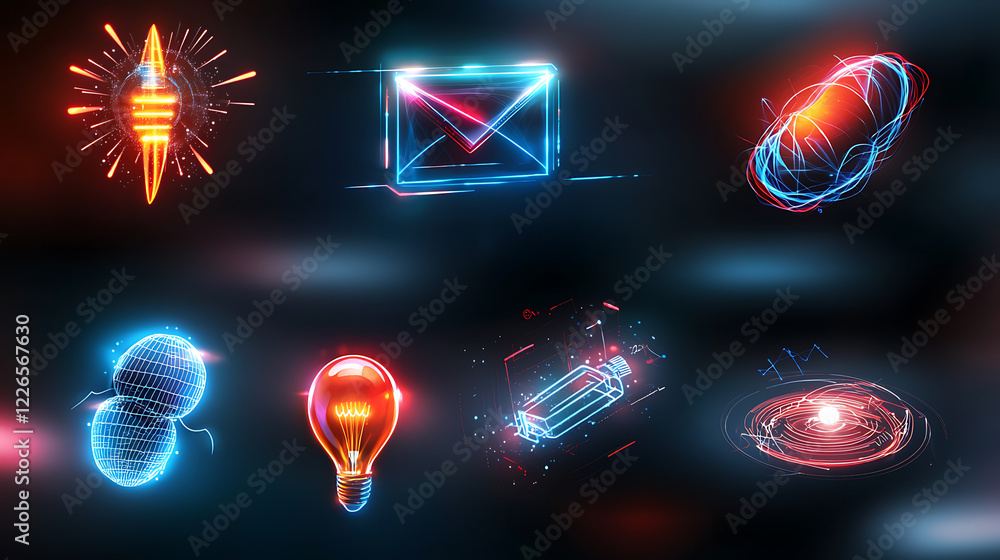 Poster dynamic neon icons representing communication technology and creativity in a digital space
