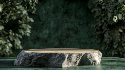 A high-end nature-inspired product display featuring a rock-textured wooden and stone platform, elegantly set against a forest green background.