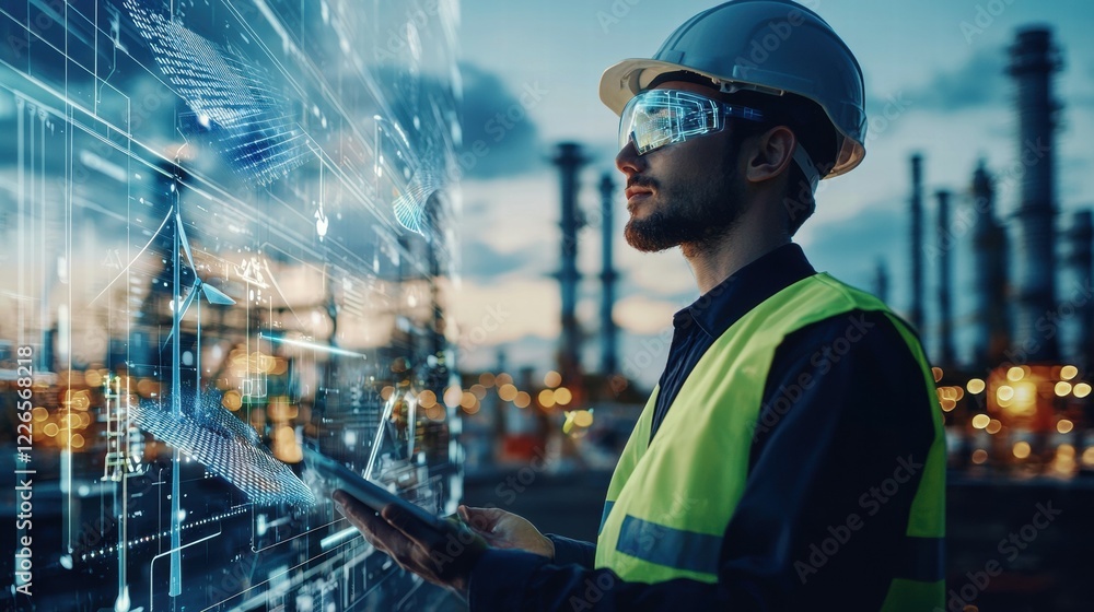 Poster engineer analyzing data with digital interface in industrial setting