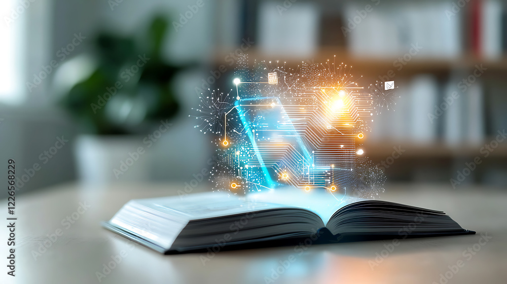 Poster exploring digital transformation modern library book indoor environment close-up view innovation and