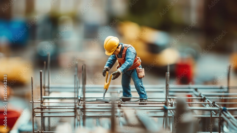 Poster miniature construction worker using level on steel framework at site