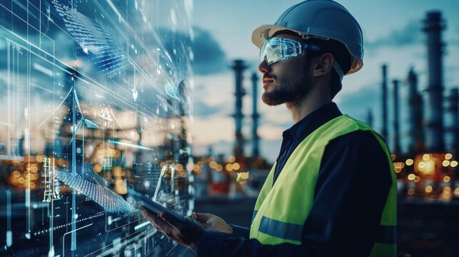 Engineer Analyzing Data with Digital Interface in Industrial Setting